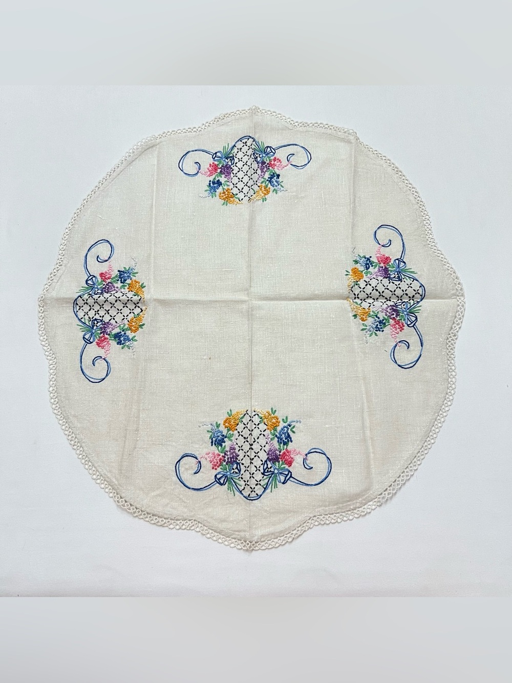 Vintage Hand Embroidered Round Doily Floral Needlework Cottagecore MCM Home